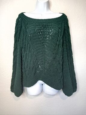 EXPRESS Slouchy Off The Shoulder Balloon Sleeve Forest Green Cable Knit Sweater